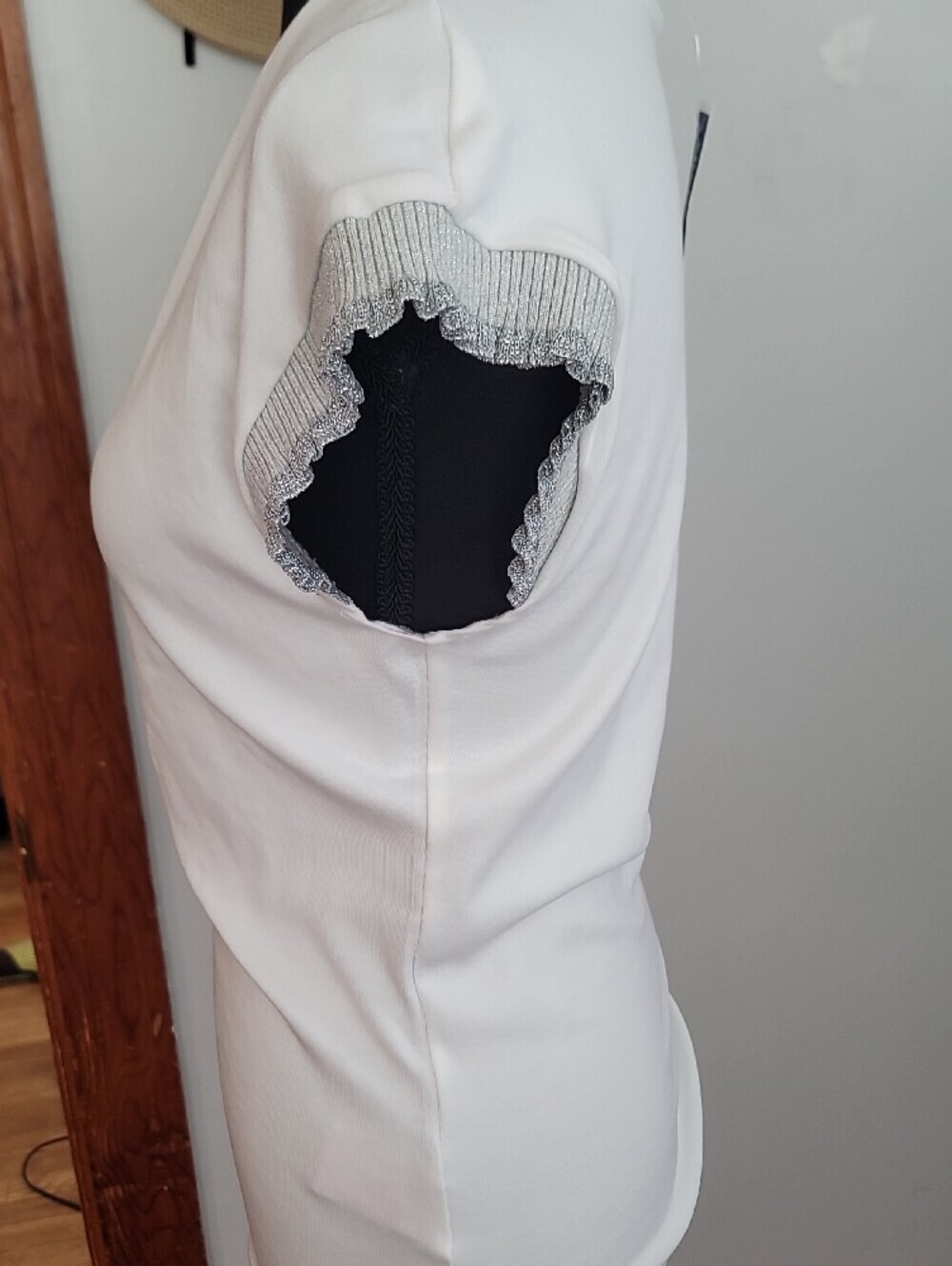 Muse Republic Clothing White Short Sleeve Tee with Silver Ruffle Sleeve Trim - Picture 6 of 10
